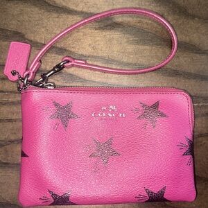 Coach Pink Star Print Leather Wristlet / Small Zip Pouch